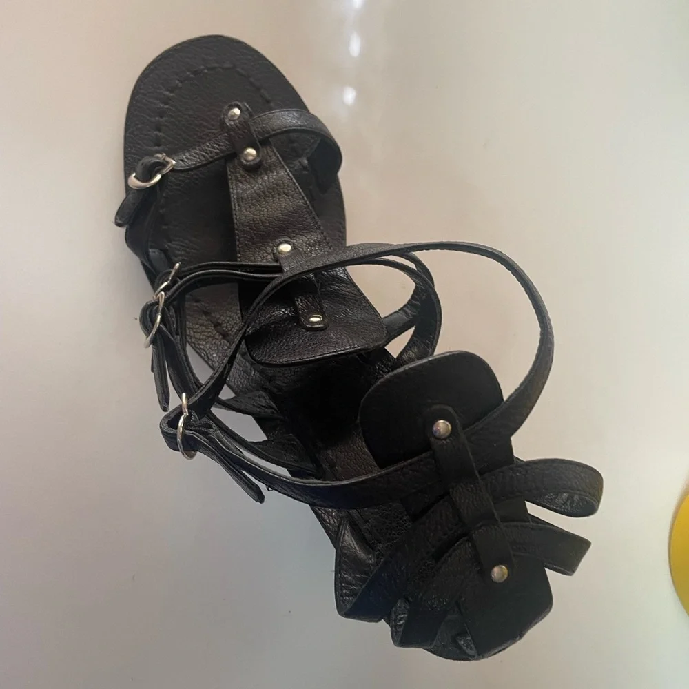 Sigerson Morrison Women’s Greek Black Leather Wood Heel Sandals - Picture 9 of 16